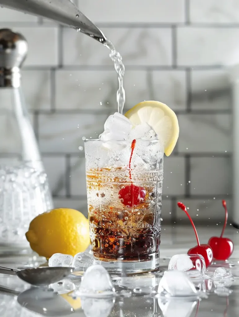 pouring sparkling water into italian soda mocktail