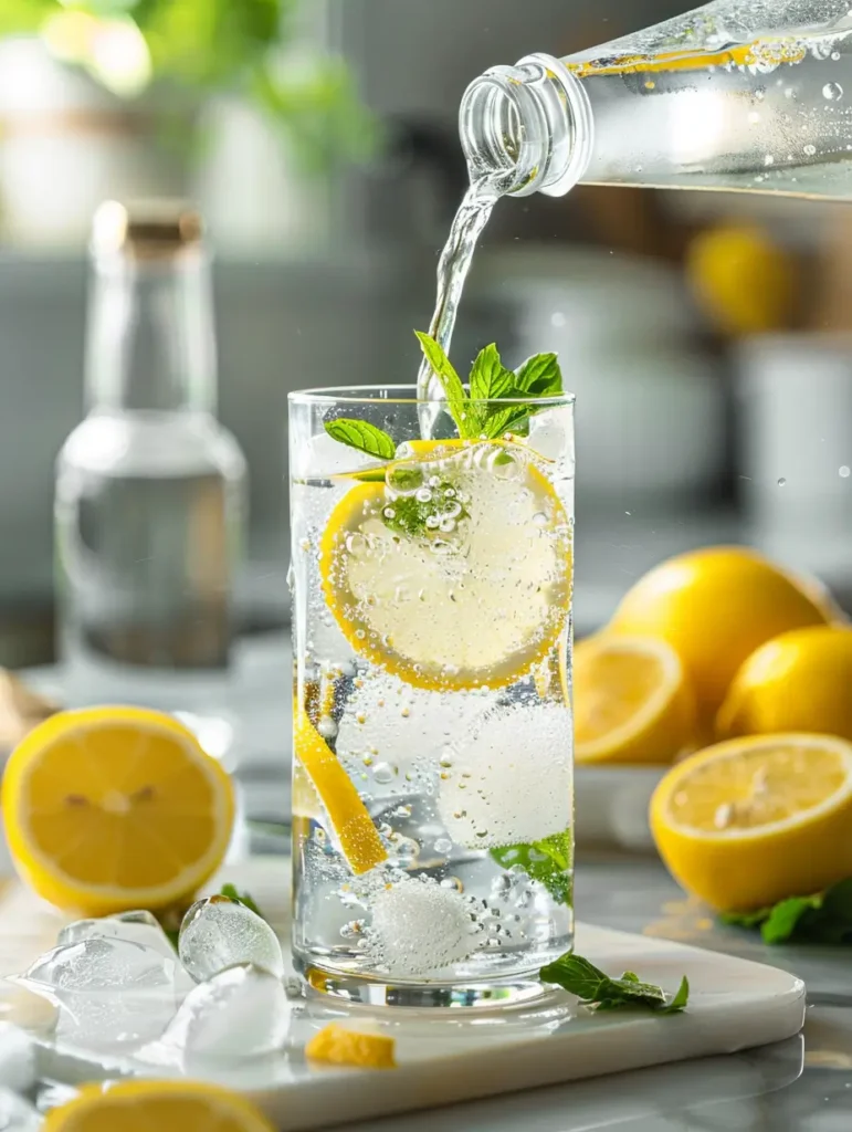 pouring sparkling water into sparkling lemonade mocktail