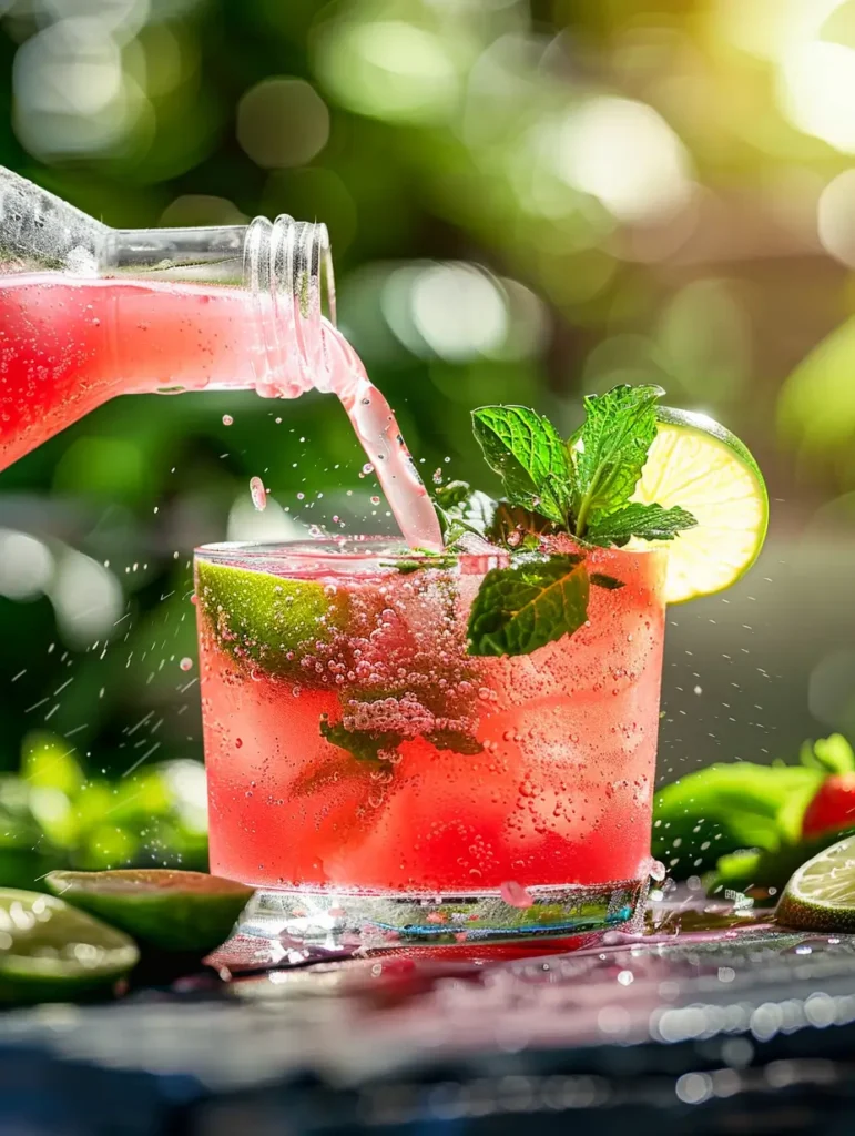 pouring watermelon lime mocktail over ice with lime garnish