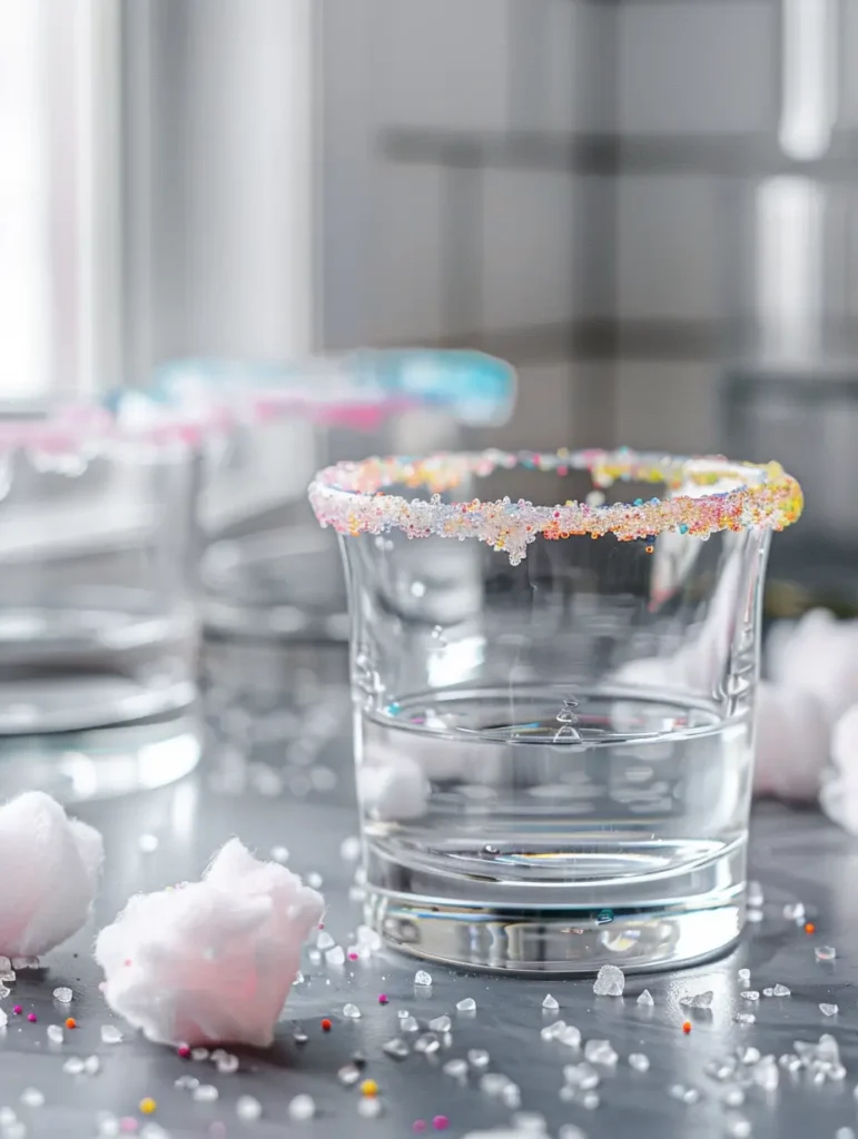 preparing sugar rim glasses for cotton candy mocktail recipes