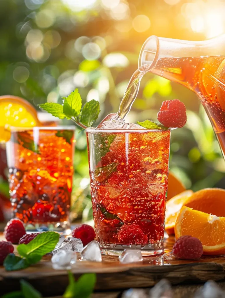 pouring fizzy fruit punch mocktail into glass with ice and fruit garnish