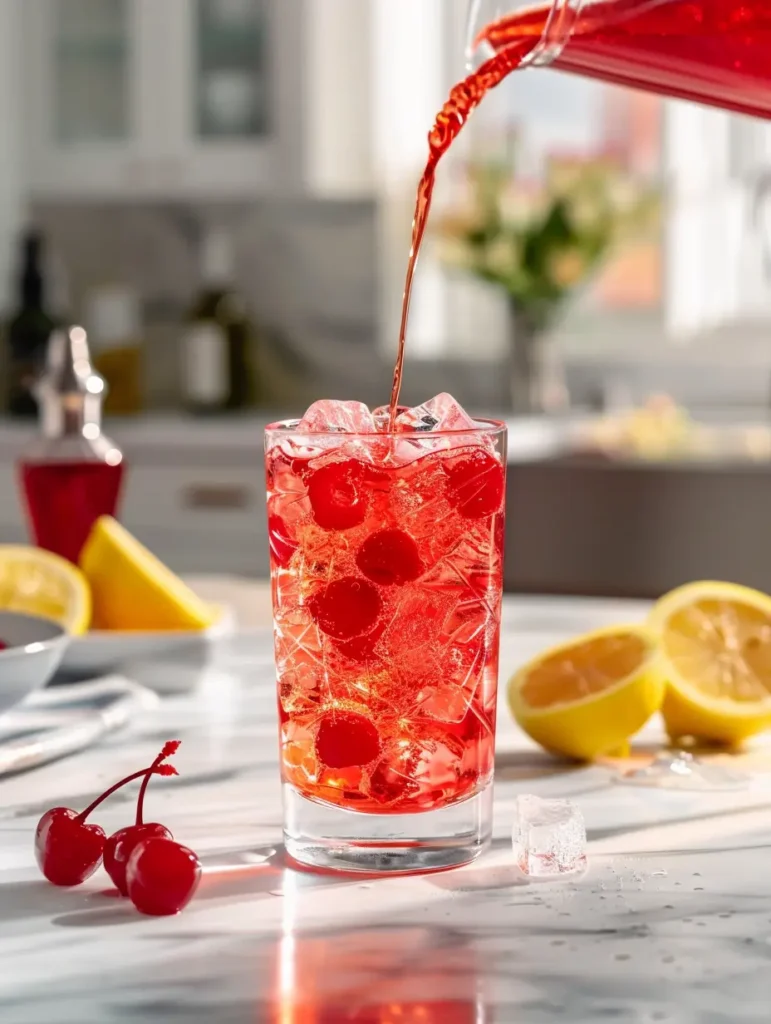 pouring grenadine into glass for shirley temple mocktail recipe
