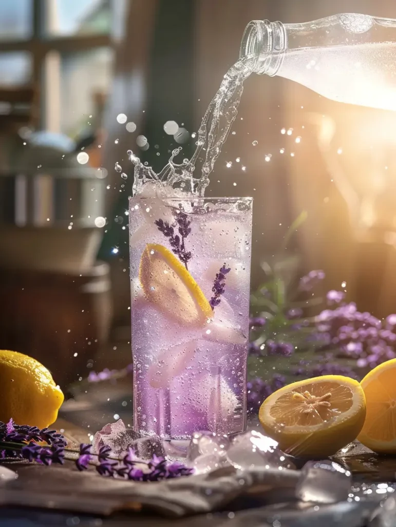 pouring sparkling water into sparkling lavender lemonade mocktail