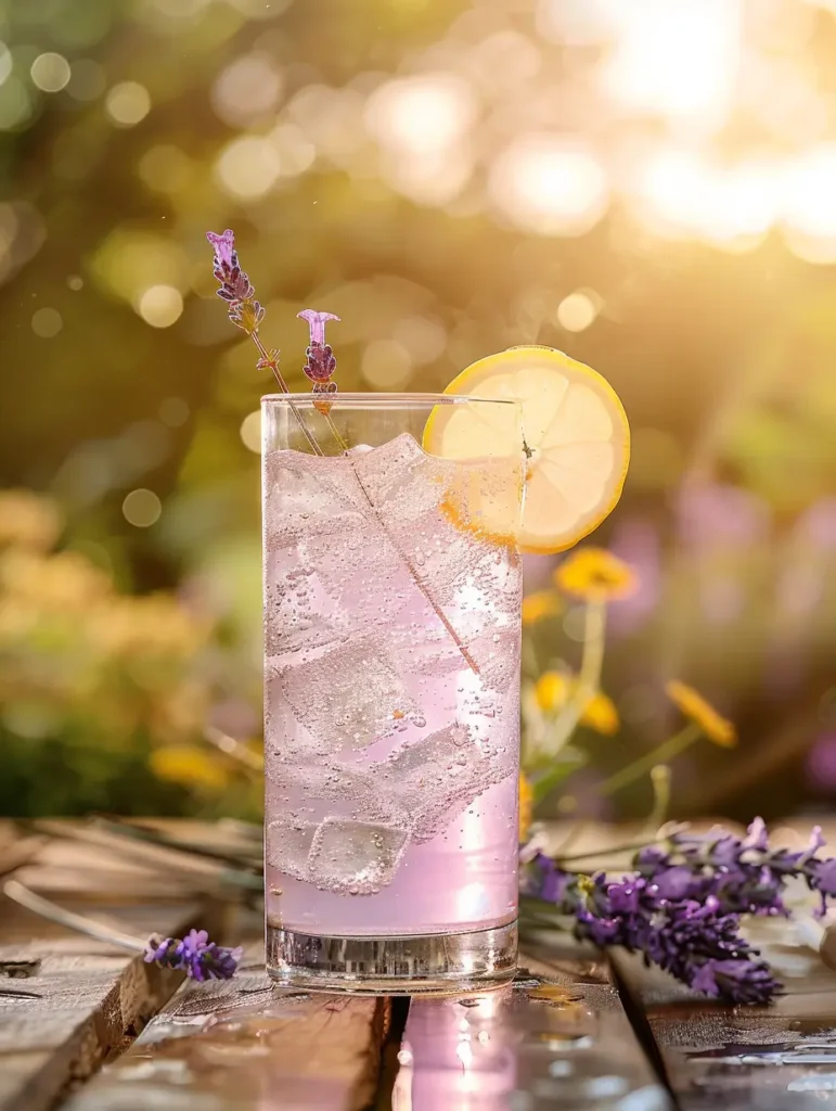 sparkling lavender lemonade mocktail with lemon and lavender garnish