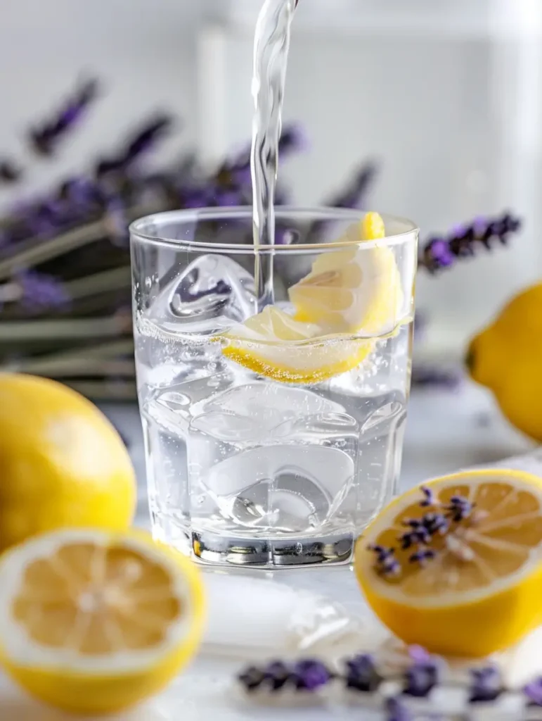 mixing lemon juice and lavender syrup for sparkling lavender lemonade mocktail