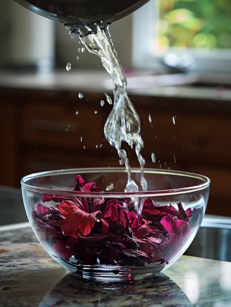 Boiling water being poured over dried hibiscus flowers for hibiscus agua fresca
