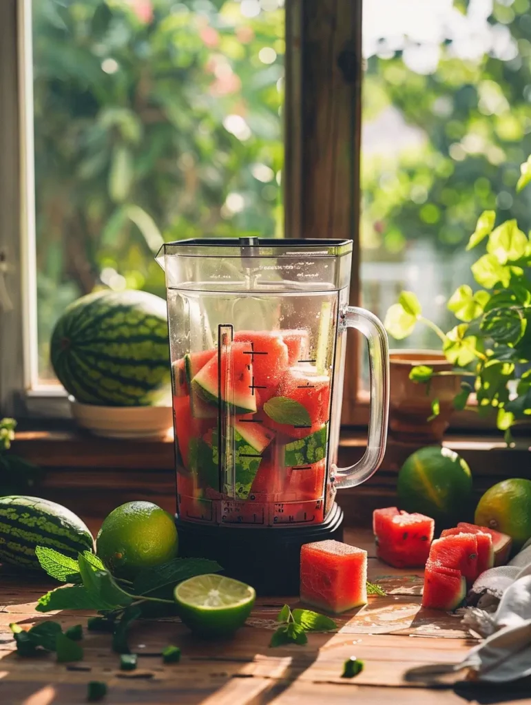 adding fresh watermelon cubes to blender for watermelon lime mocktail